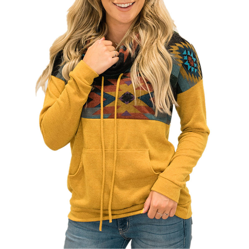 Loose Printed High Neck Hooded Sweater