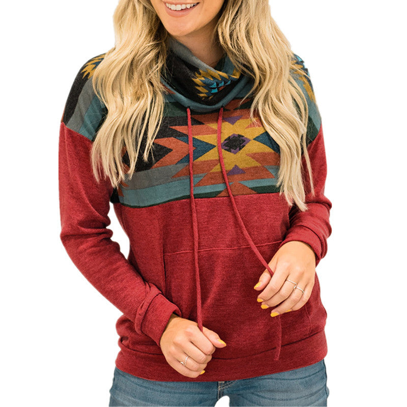 Loose Printed High Neck Hooded Sweater