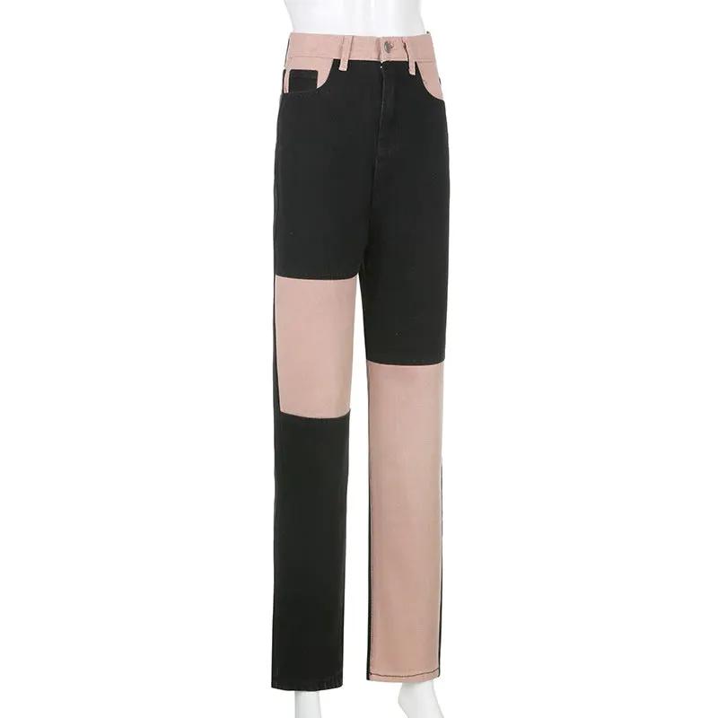 Contrasting Stitching High-rise Straight-leg Jeans Women by Fashion Fusion Emperium