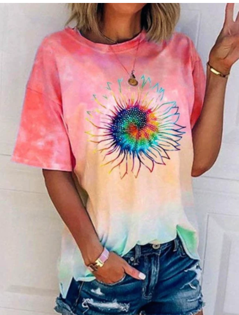 Casual Loose Tie-dye Multicolor Printed Short Sleeves