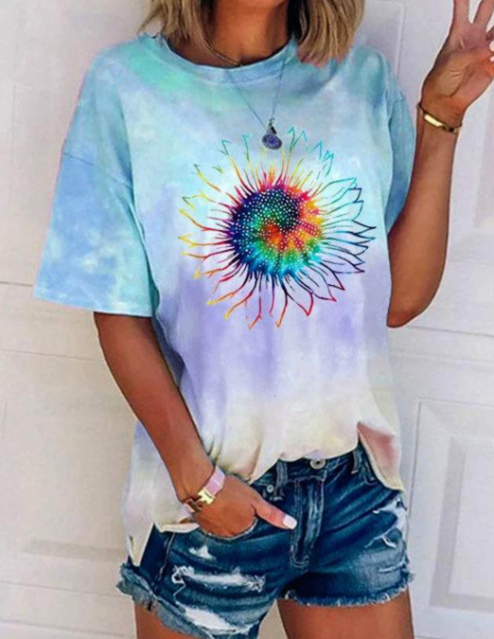 Casual Loose Tie-dye Multicolor Printed Short Sleeves