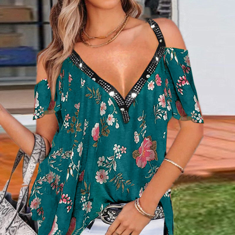 V-Neck Printed Off-The-Shoulder Short-Sleeved Top by Fashion Fusion Emperium