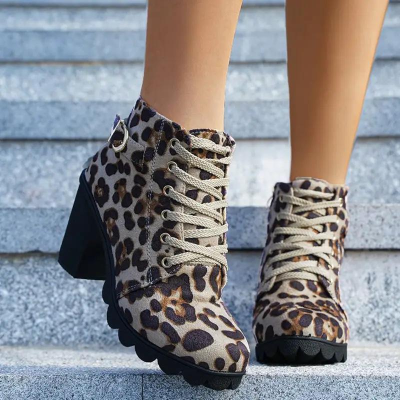 Fashoin Leopard Print Ankle Boots Winter Square Heel Suede Lace-up Zip Boots Women Casual Versatile Shoes Autumn And Winter by Fashion Fusion Emperium
