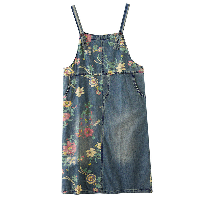 Women's Plus Size Retro Age-reducing Denim Print Suspender Skirt by Fashion Fusion Emperium