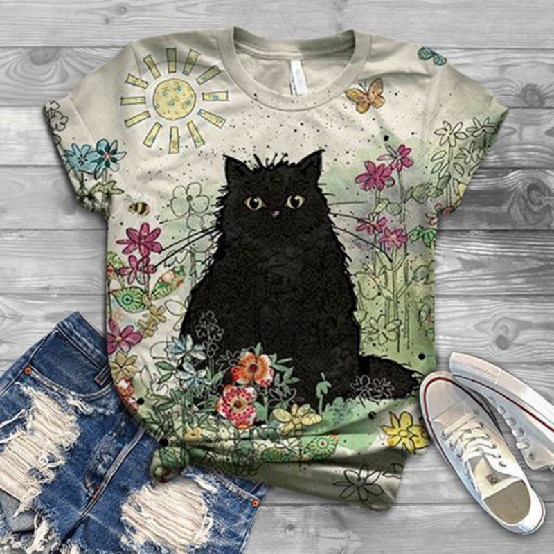 Fashion 3D Animal Cat Print Short Sleeve