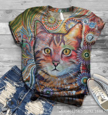 Fashion 3D Animal Cat Print Short Sleeve