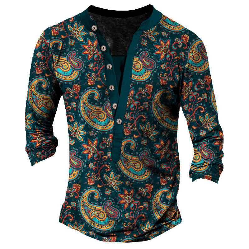 Printed Retro Casual Henry Neck Long Sleeves T-shirt