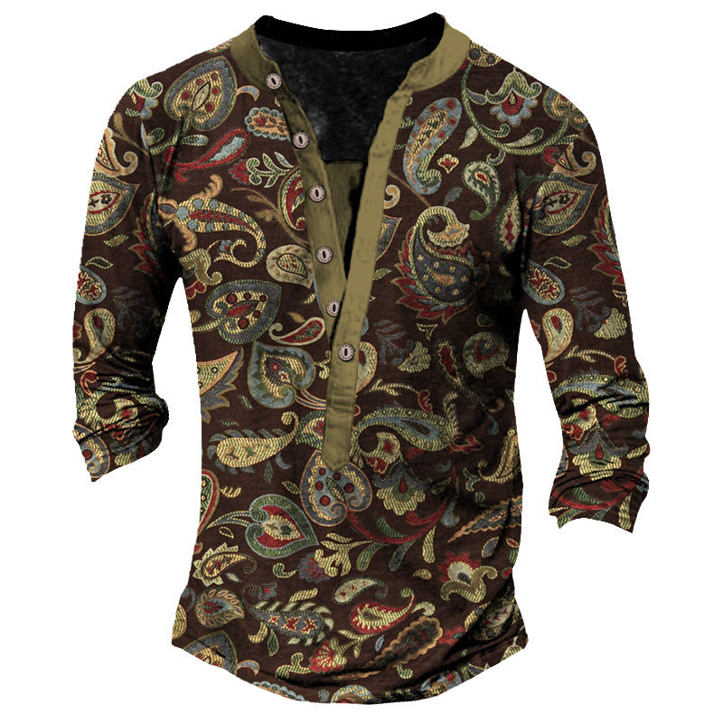 Printed Retro Casual Henry Neck Long Sleeves T-shirt