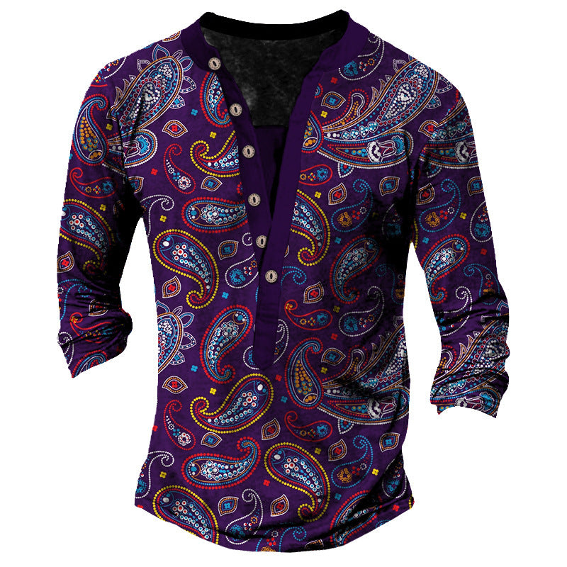 Printed Retro Casual Henry Neck Long Sleeves T-shirt