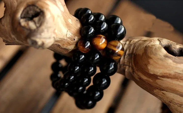 Natural Black Onyx with Tiger Eye Stone Energy Balance Bracelet