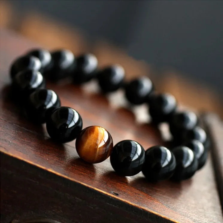Natural Black Onyx with Tiger Eye Stone Energy Balance Bracelet