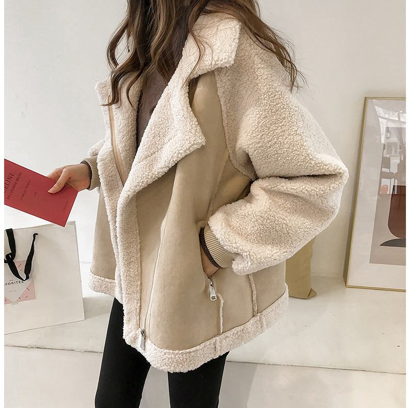 Suede Coat Women's Short Lambswool Motorcycle Clothing