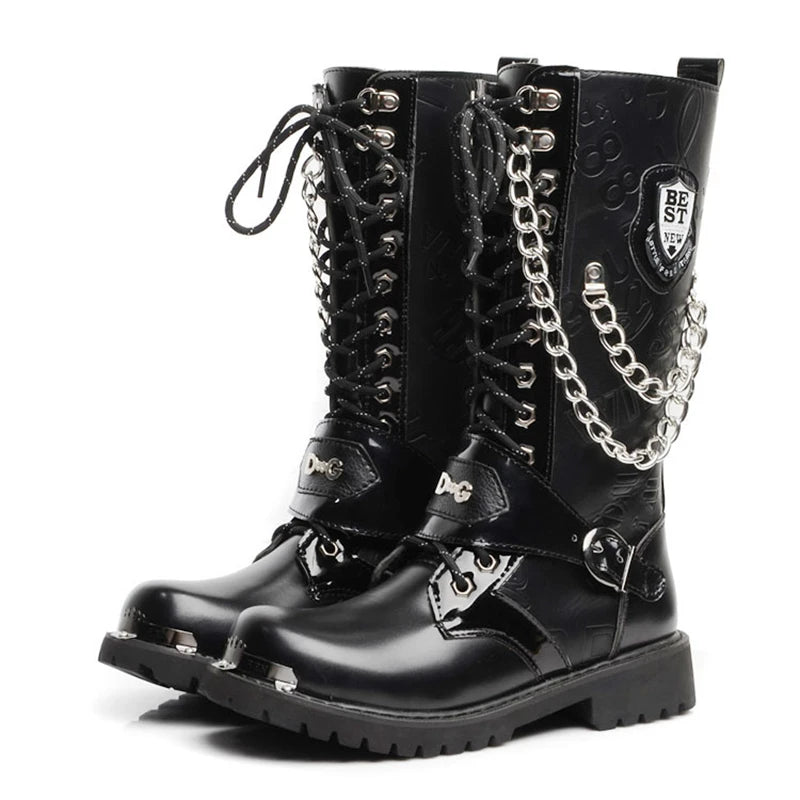 Botas de Moto para hombre, botas militares para hombre, botas tácticas militares, zapatos Punk de Metal a media pantorrilla para hombre, Botas Largas con plataforma