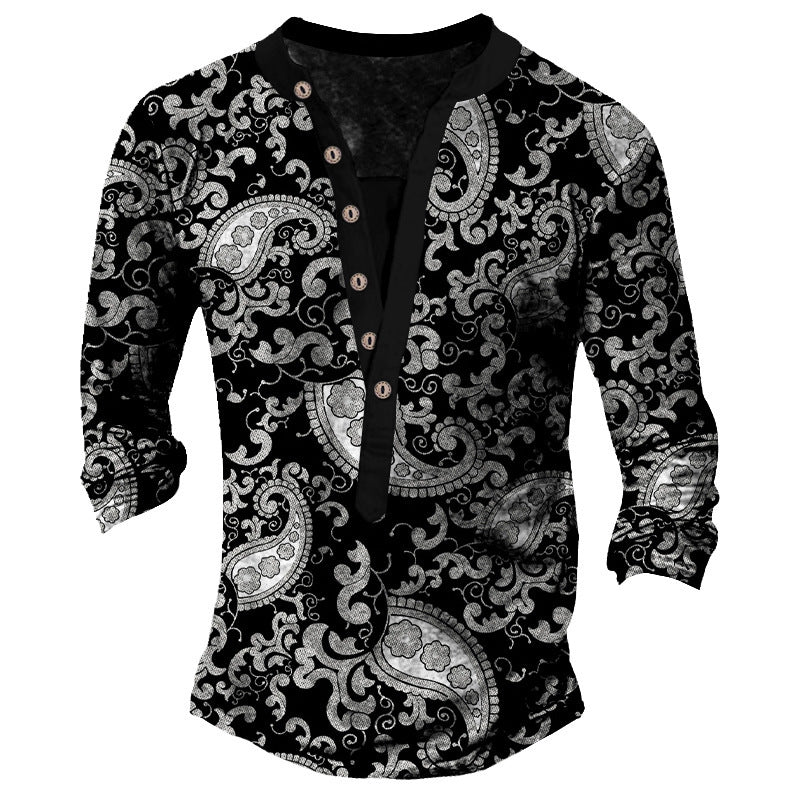 Printed Retro Casual Henry Neck Long Sleeves T-shirt