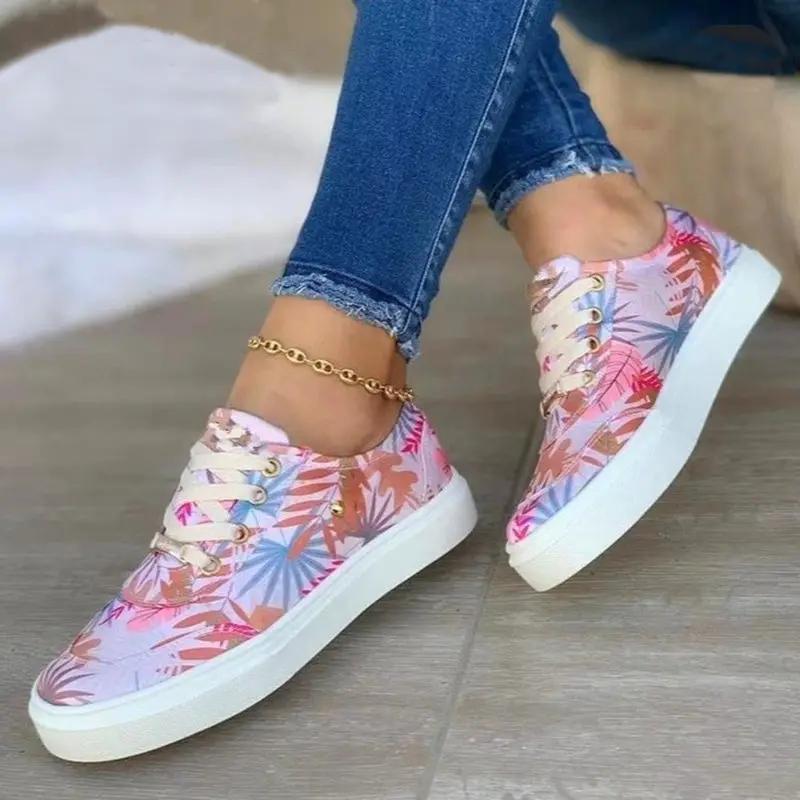 Canvas Shoes For Women Lace-Up Flats Leaves Print Casual Sneakers Round Toe Shoes by Fashion Fusion Emperium
