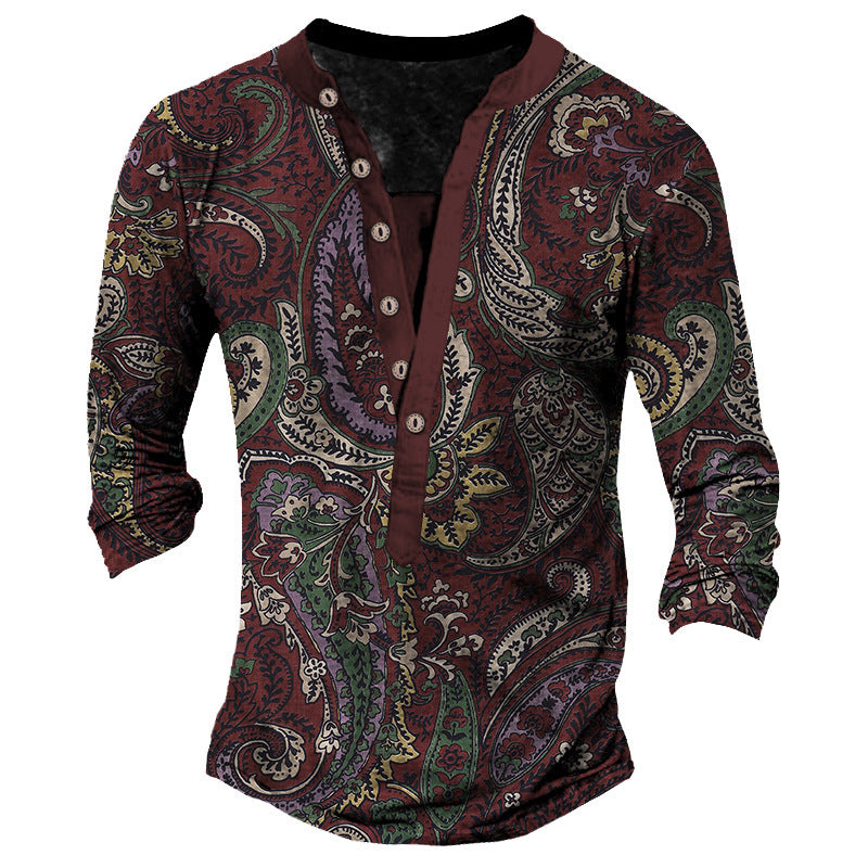 Printed Retro Casual Henry Neck Long Sleeves T-shirt