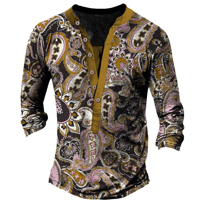 Printed Retro Casual Henry Neck Long Sleeves T-shirt by Fashion Fusion Emperium
