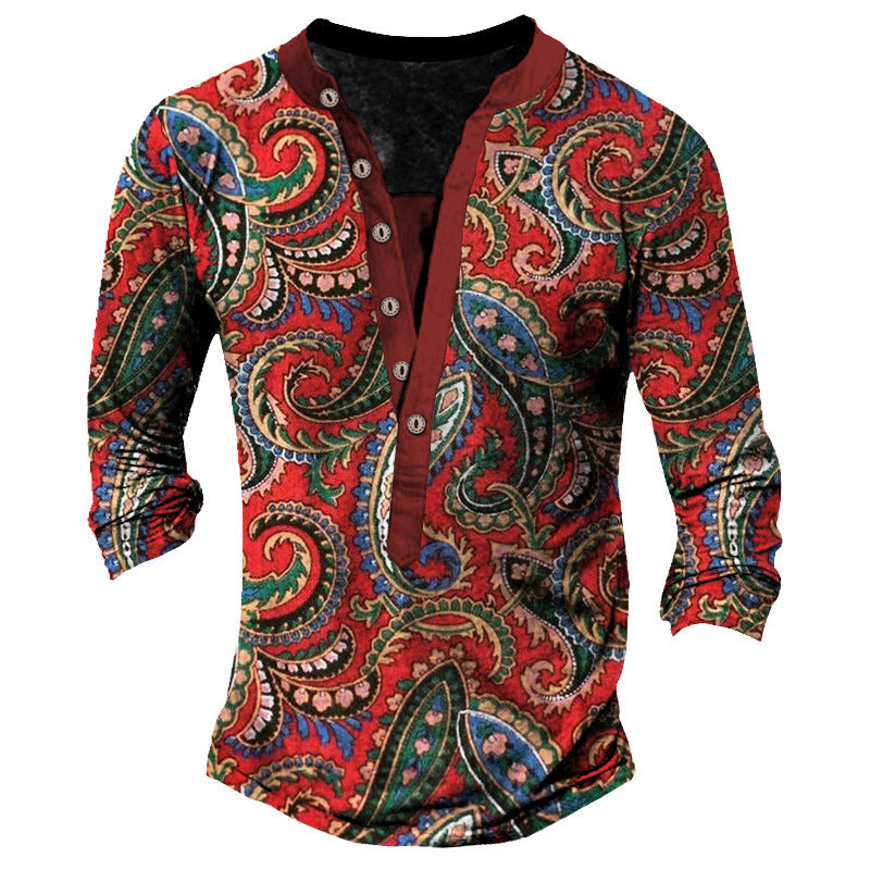Printed Retro Casual Henry Neck Long Sleeves T-shirt