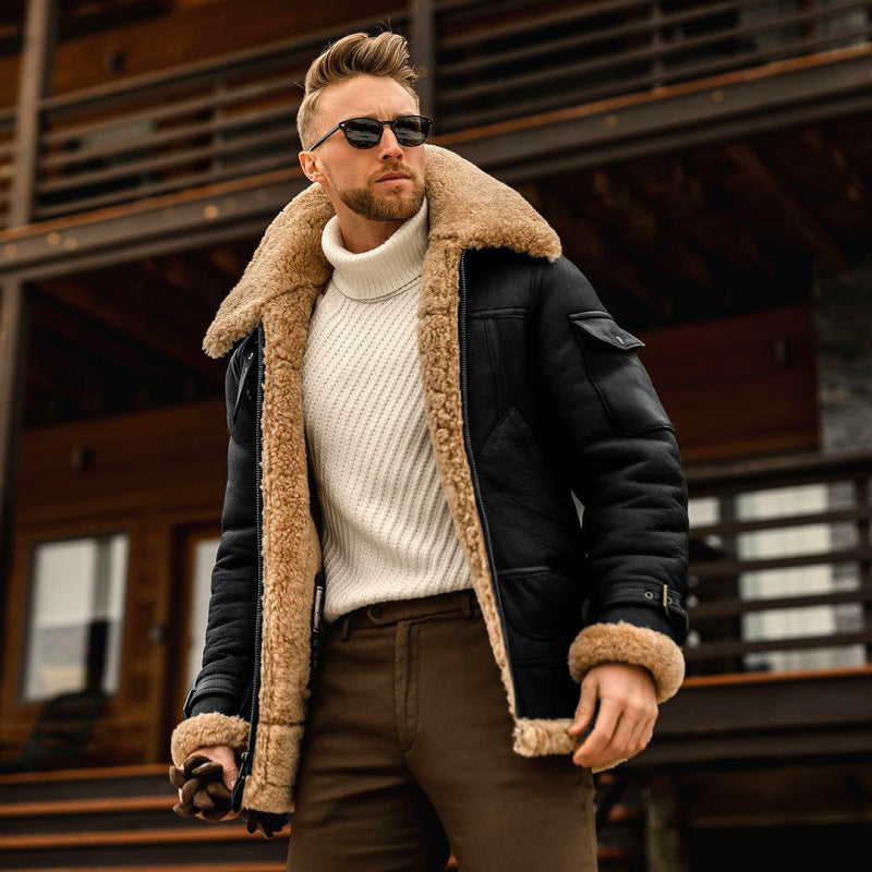 Chaqueta de longitud media engrosada de una pieza de piel para hombre