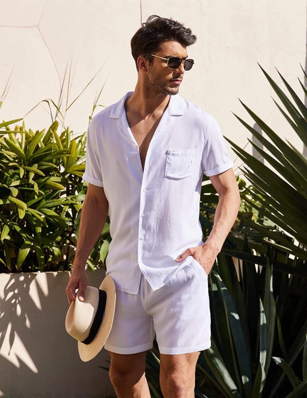 Conjunto de pantalones cortos y camisa tipo cárdigan de lino y algodón informal suelto