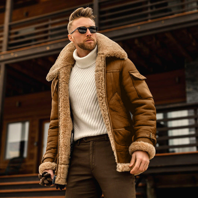 Chaqueta de longitud media engrosada de una pieza de piel para hombre