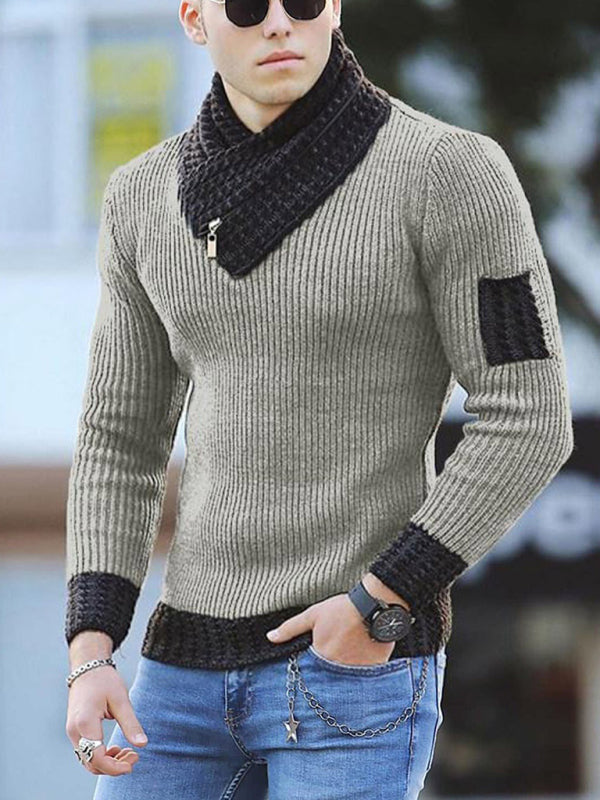 Suéter informal de negocios con bufanda con costuras de color en contraste para hombre