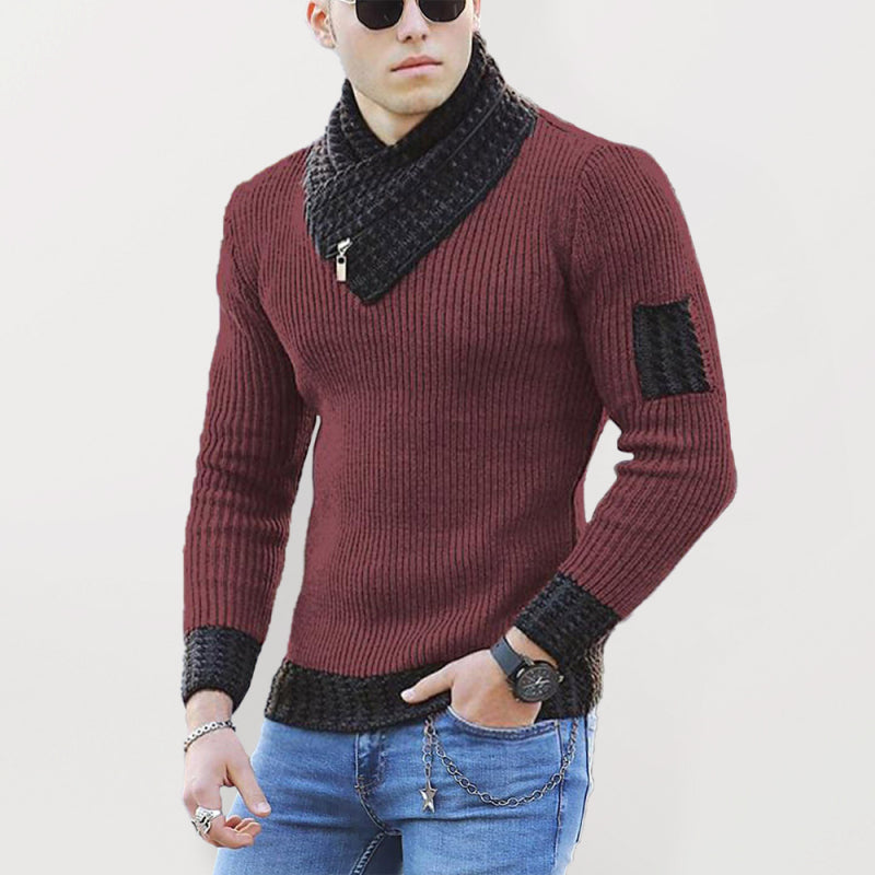 Suéter informal de negocios con bufanda con costuras de color en contraste para hombre