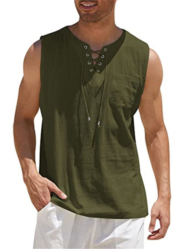 Camiseta sin mangas de punto con lazo de encaje de color liso para hombre