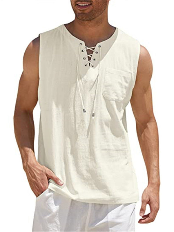 Camiseta sin mangas de punto con lazo de encaje de color liso para hombre