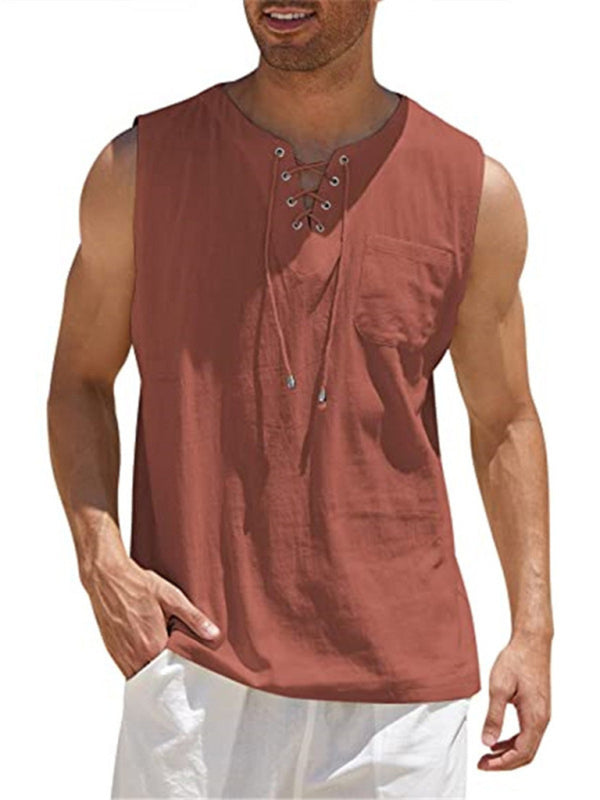 Camiseta sin mangas de punto con lazo de encaje de color liso para hombre