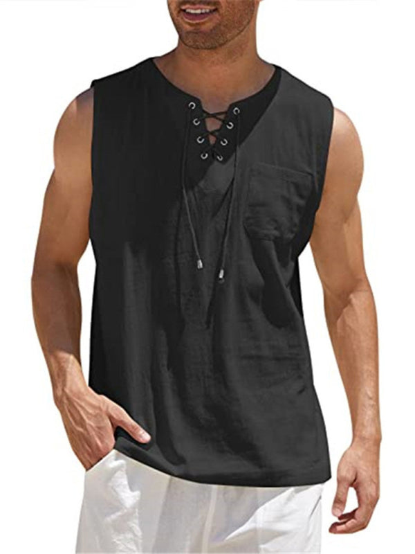 Camiseta sin mangas de punto con lazo de encaje de color liso para hombre