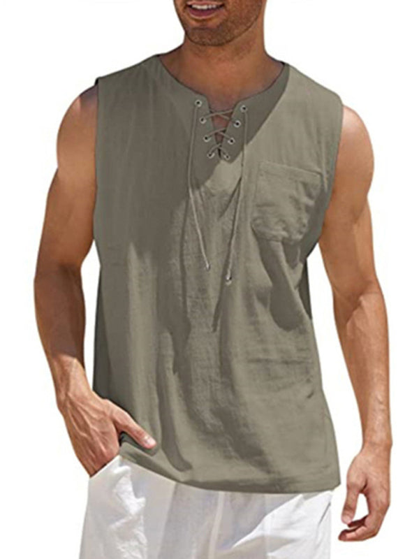 Camiseta sin mangas de punto con lazo de encaje de color liso para hombre