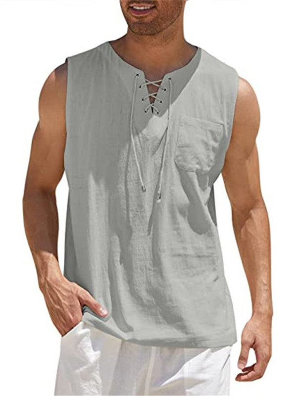 Camiseta sin mangas de punto con lazo de encaje de color liso para hombre