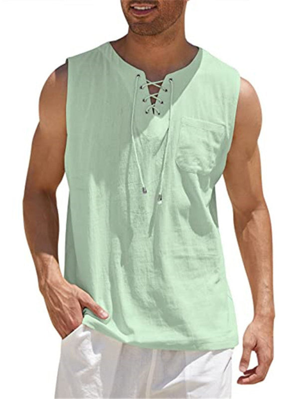 Camiseta sin mangas de punto con lazo de encaje de color liso para hombre