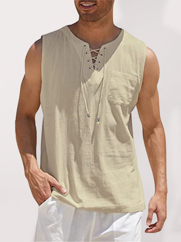 Camiseta sin mangas de punto con lazo de encaje de color liso para hombre