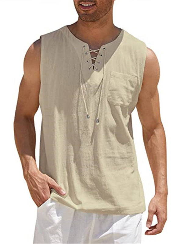 Camiseta sin mangas de punto con lazo de encaje de color liso para hombre