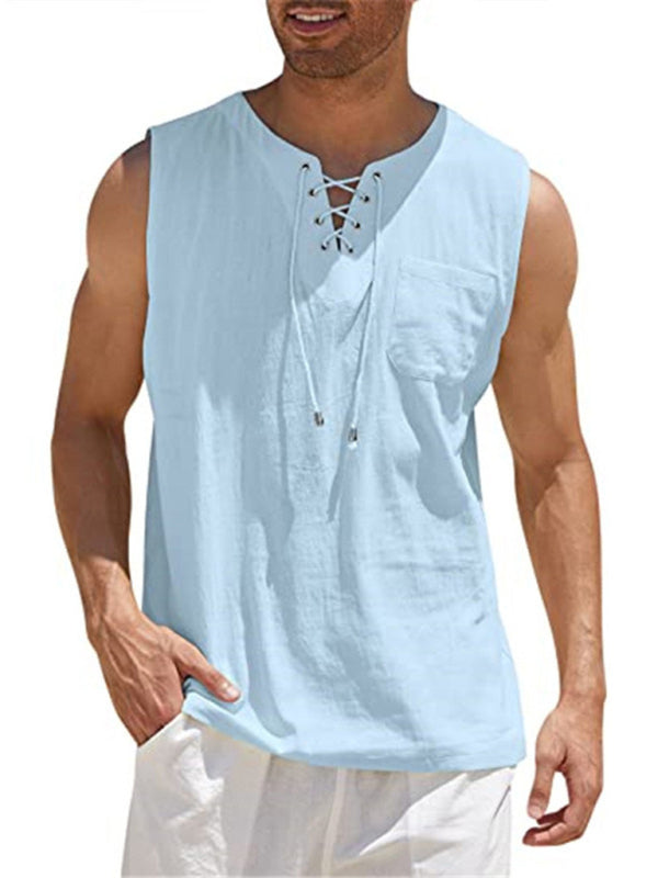 Camiseta sin mangas de punto con lazo de encaje de color liso para hombre