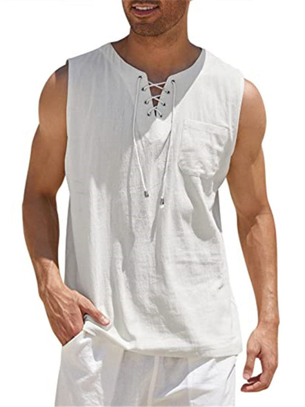 Camiseta sin mangas de punto con lazo de encaje de color liso para hombre