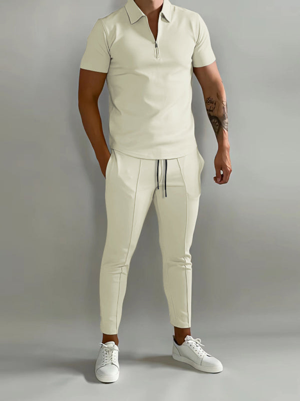 Camisa POLO de manga corta con solapa de color liso para hombre + traje de dos piezas con pantalón