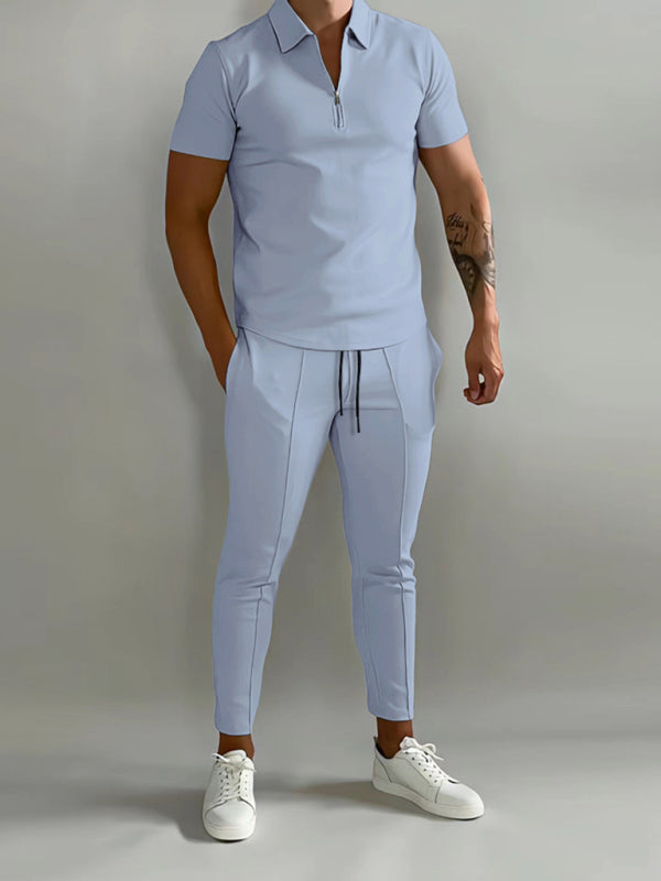 Camisa POLO de manga corta con solapa de color liso para hombre + traje de dos piezas con pantalón