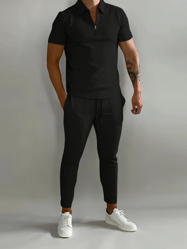 Camisa POLO de manga corta con solapa de color liso para hombre + traje de dos piezas con pantalón