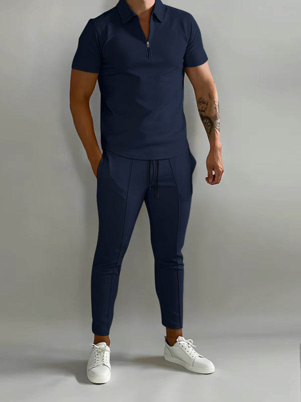 Camisa POLO de manga corta con solapa de color liso para hombre + traje de dos piezas con pantalón