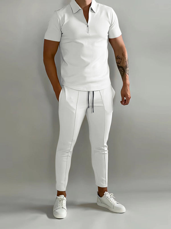 Camisa POLO de manga corta con solapa de color liso para hombre + traje de dos piezas con pantalón