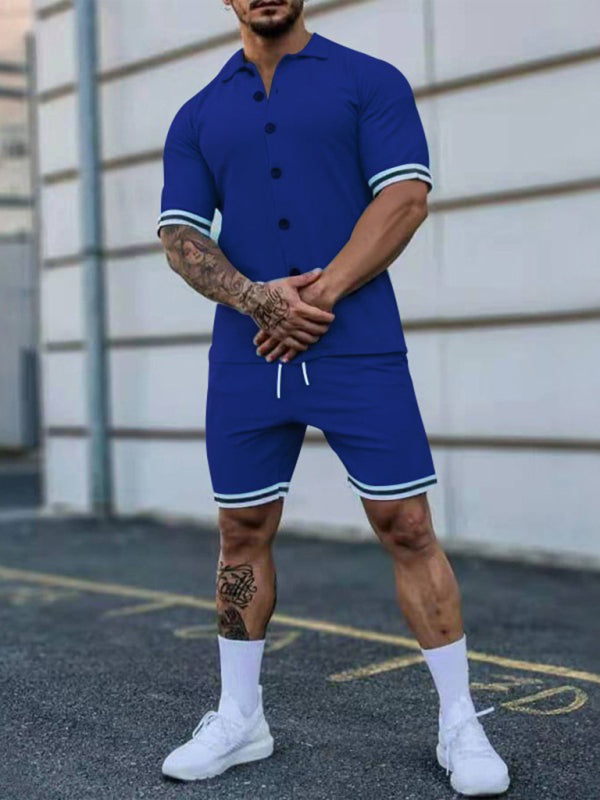 Camisa de manga corta con solapa en contraste de color para hombre + traje de dos piezas con pantalones cortos