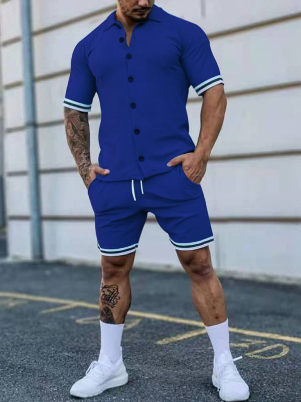 Camisa de manga corta con solapa en contraste de color para hombre + traje de dos piezas con pantalones cortos