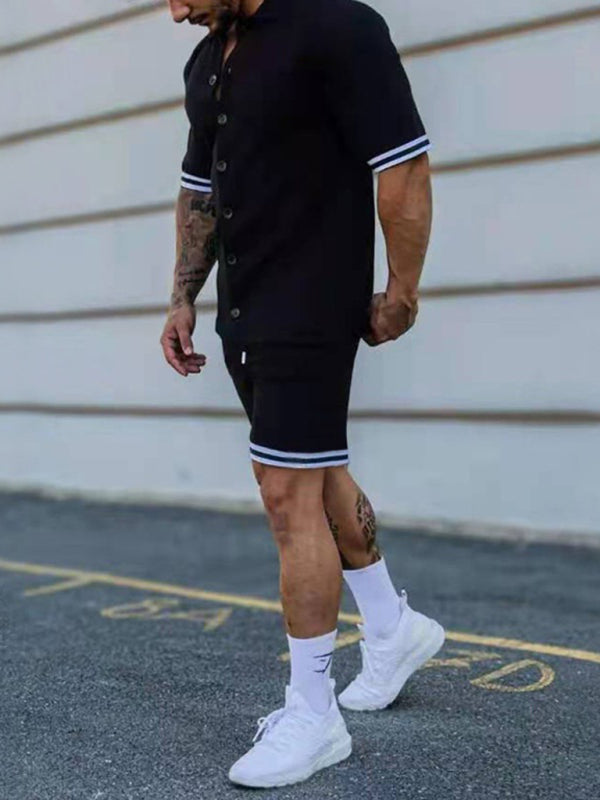 Camisa de manga corta con solapa en contraste de color para hombre + traje de dos piezas con pantalones cortos