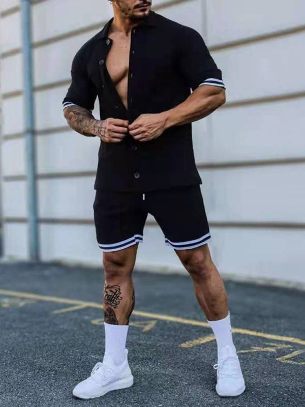 Camisa de manga corta con solapa en contraste de color para hombre + traje de dos piezas con pantalones cortos