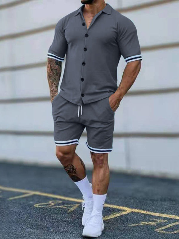 Camisa de manga corta con solapa en contraste de color para hombre + traje de dos piezas con pantalones cortos