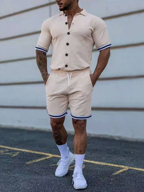 Camisa de manga corta con solapa en contraste de color para hombre + traje de dos piezas con pantalones cortos