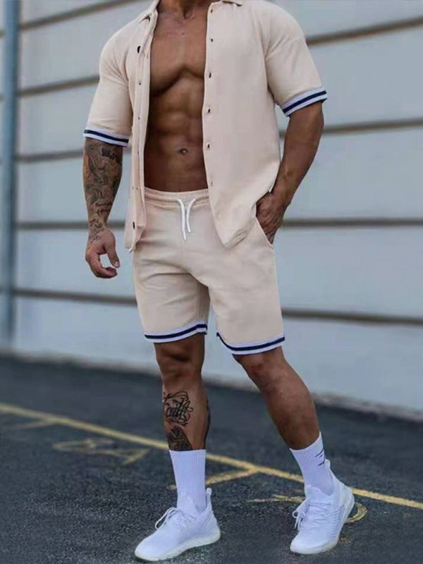 Camisa de manga corta con solapa en contraste de color para hombre + traje de dos piezas con pantalones cortos